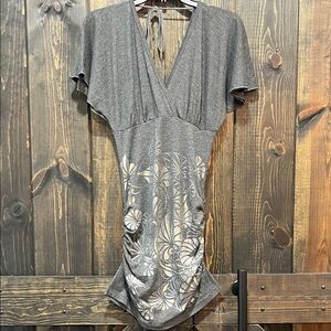 Vintage Body Central Y2K Ruched Bodycon Floral Dress M‎ Grey Metallic Flutter